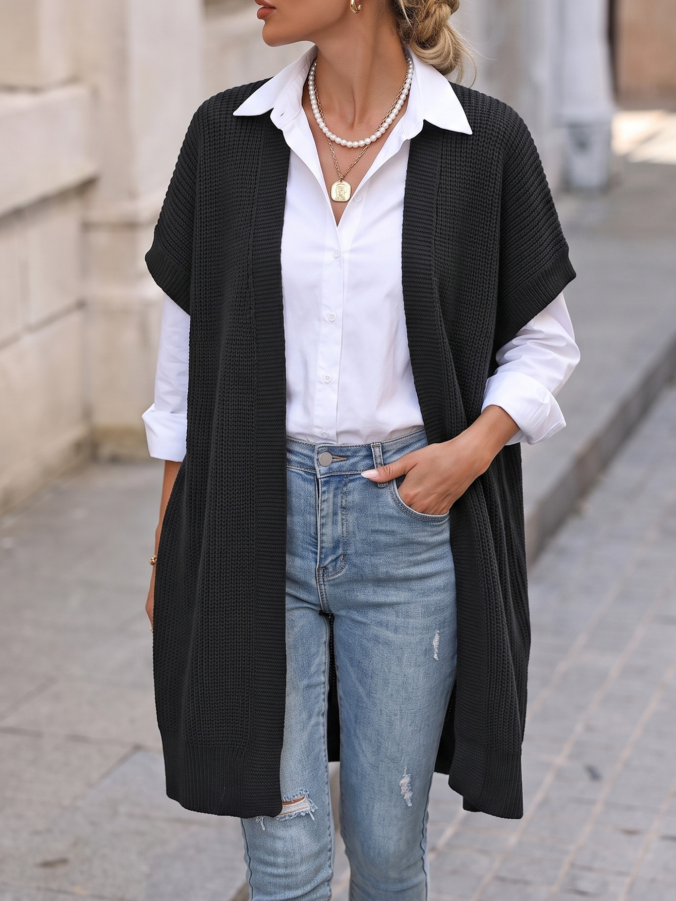 Women's Knit Cardigan Vest Sleeveless V-Neck Loose Fit