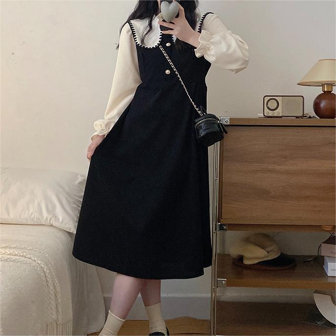 Corduroy Plus Size French Doll Collar Dress Faux Two-Piece Waist-Cinched Vintage A-Line Long Dress