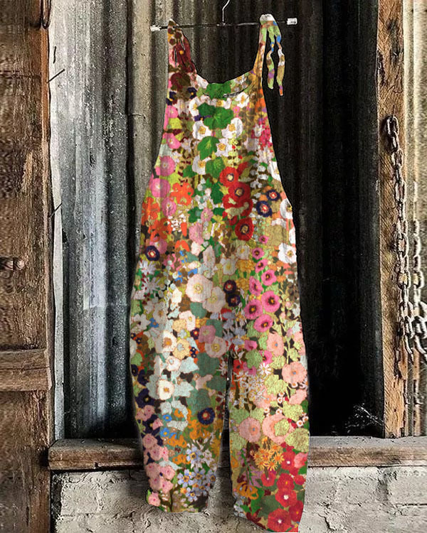 Women's Printed Cotton-Linen Cami Jumpsuit Sleeveless Wide-Leg Beach Romper