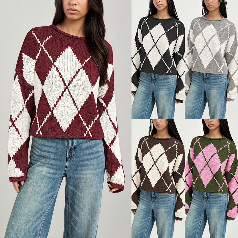 Women's Color-Block Diamond Knit Sweater, Loose Crewneck Pullover