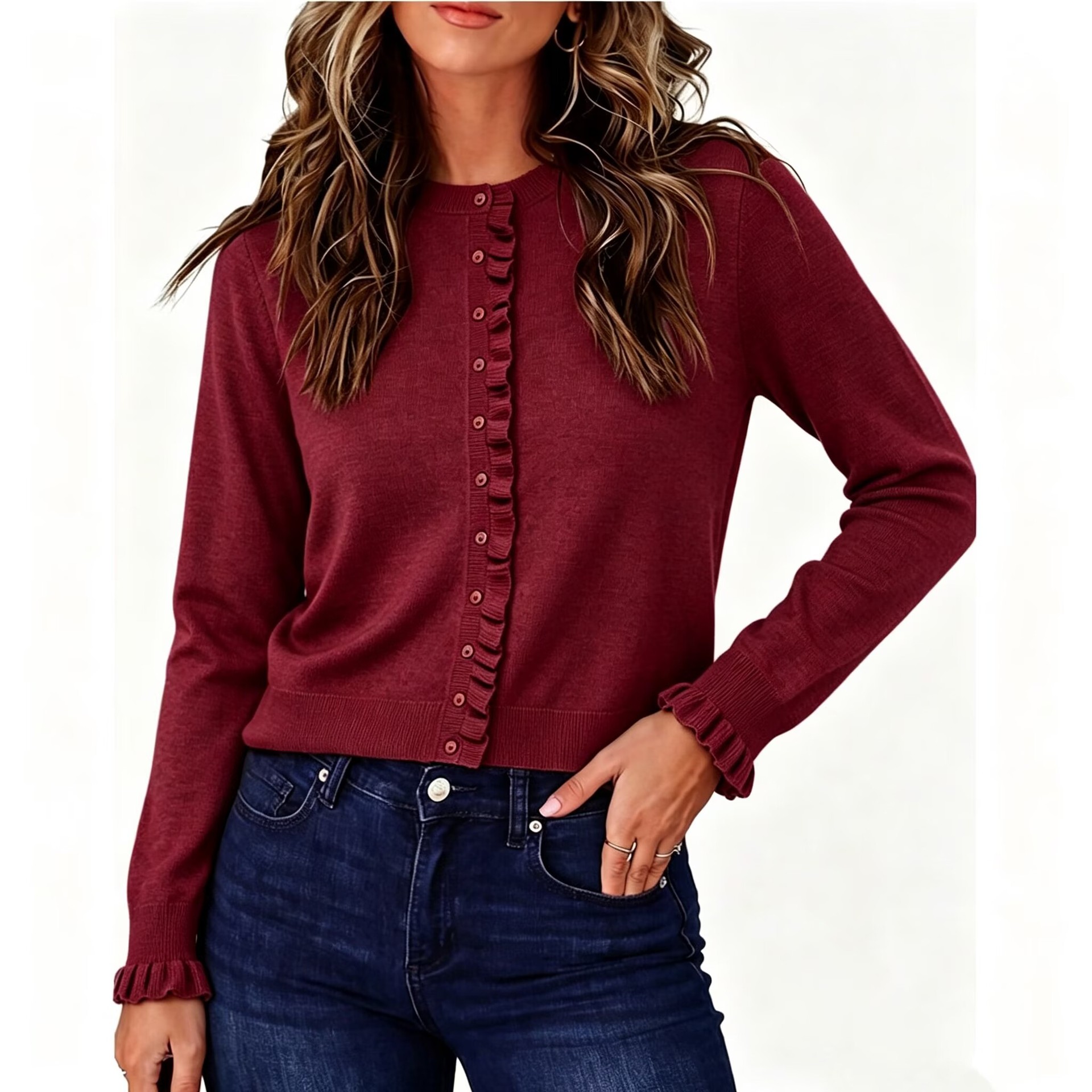 Women's Crewneck Long Sleeve Ruffle Knit Cardigan Sweater