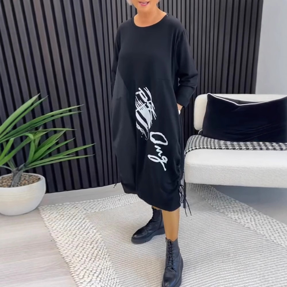 Women's Printed Long Sleeve Round Neck Drawstring Dress with Pockets