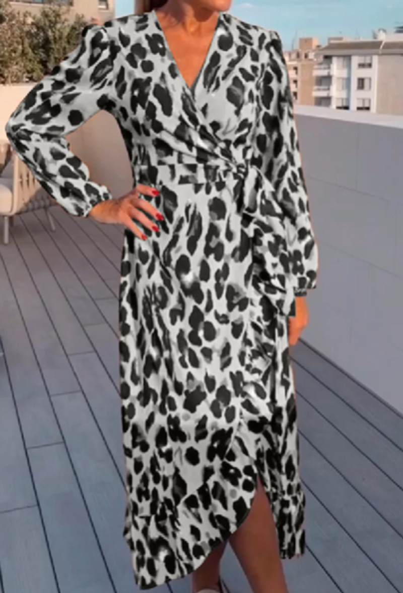 V-Neck Leopard Print Long Sleeve Casual Dress