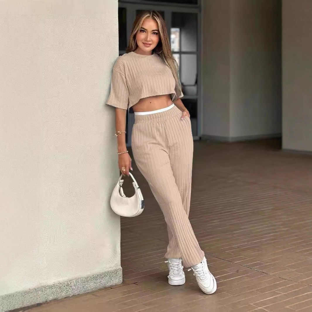 Women's Two-Piece Lounge Set with Short-Sleeve Crewneck Top and Straight-Leg Pants