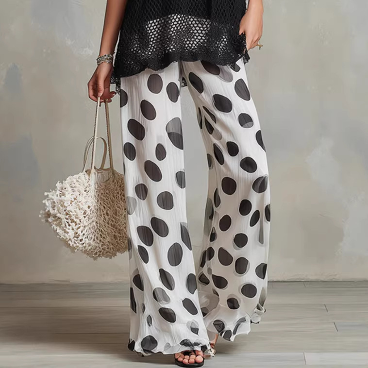 Retro Black Mesh Knit Tank Top and Polka Dot Chiffon Wide-Leg Pants Set