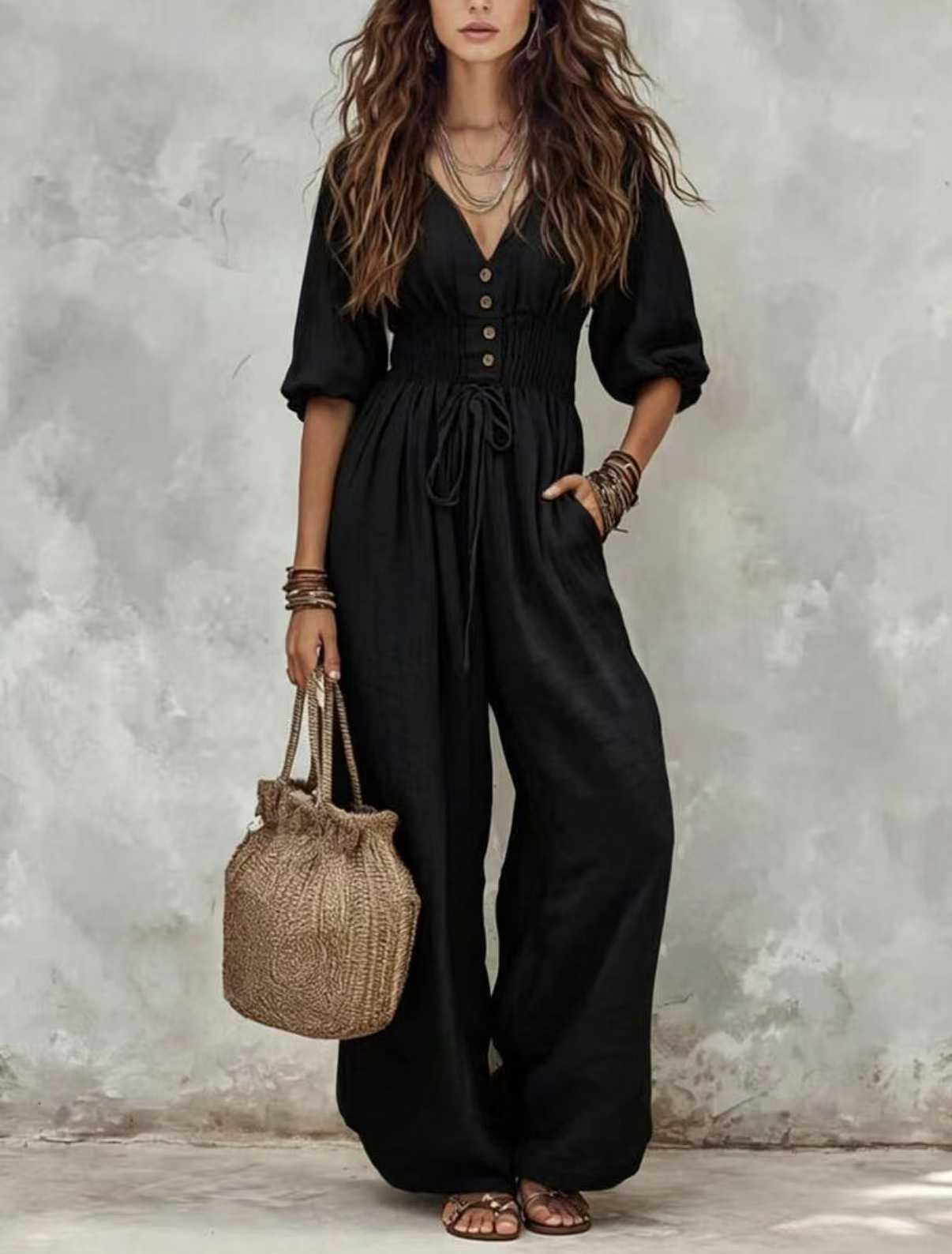 Lantern Sleeve Drawstring Waist Wide Leg V-Neck Jumpsuit