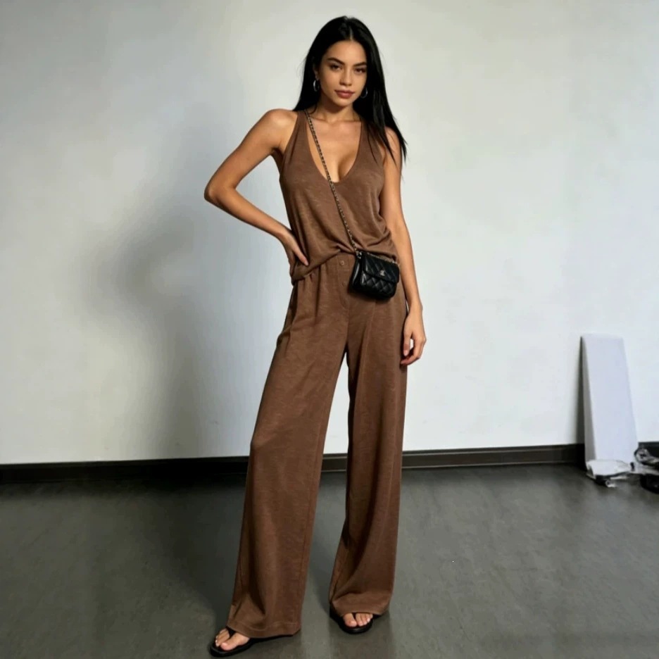 Women's Sleeveless Top and Straight-Leg Pants Two-Piece Set Solid Color