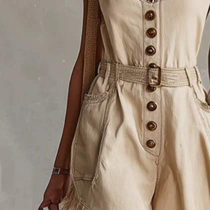 Vintage Fringe Denim Romper Shorts in Apricot
