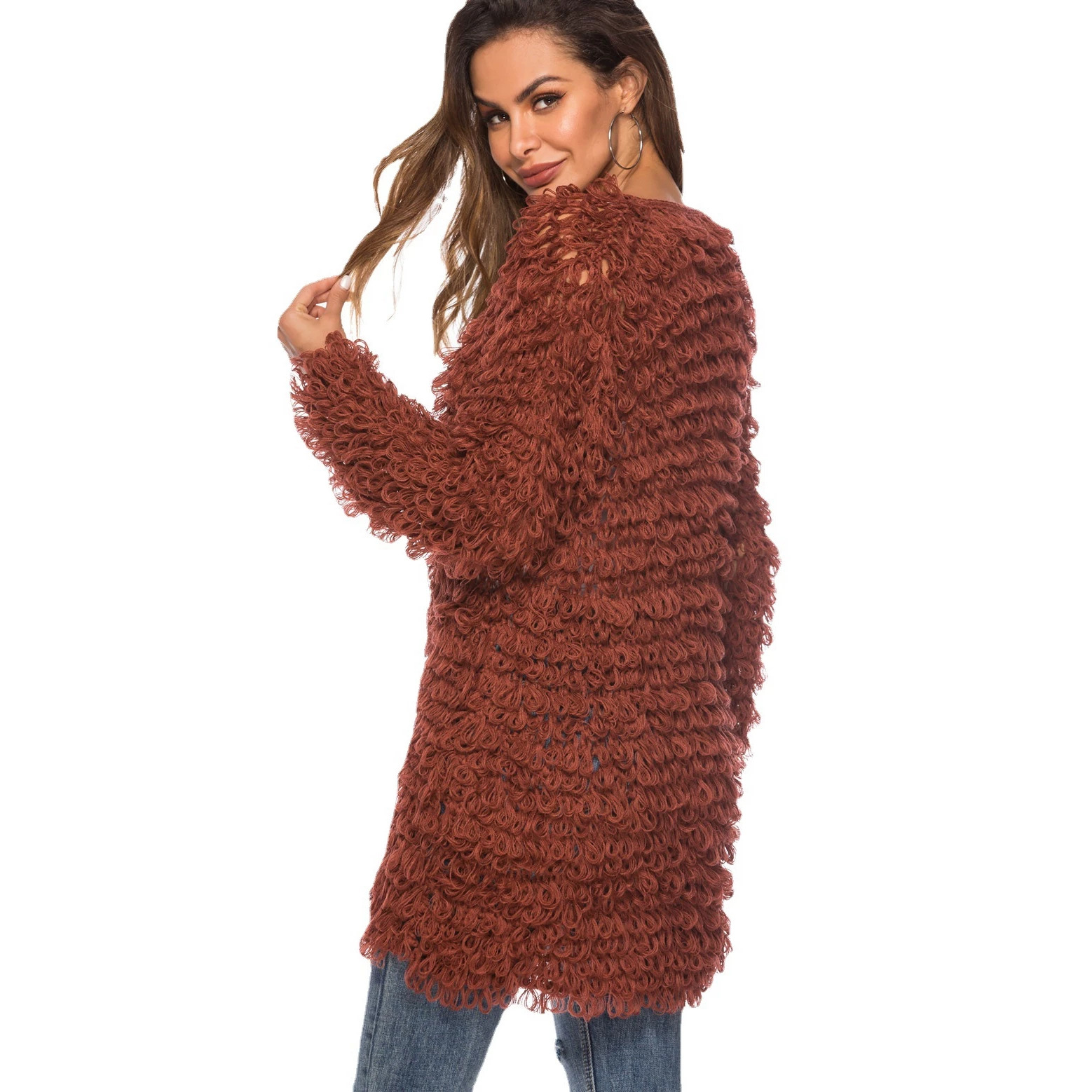 Hand-Crochet Loop Yarn V-Neck Midi Cardigan Sweater Coat for Women