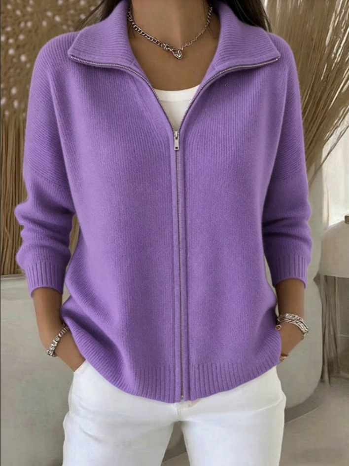 Women's Zip-Up Knit Cardigan with Collar, Solid Color, Relaxed Fit