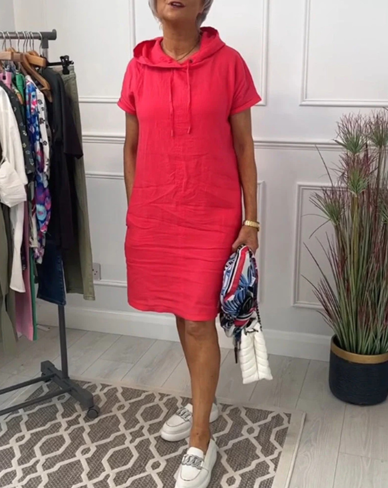 Women's Casual Solid Short Sleeve Hooded Pocket Dress
