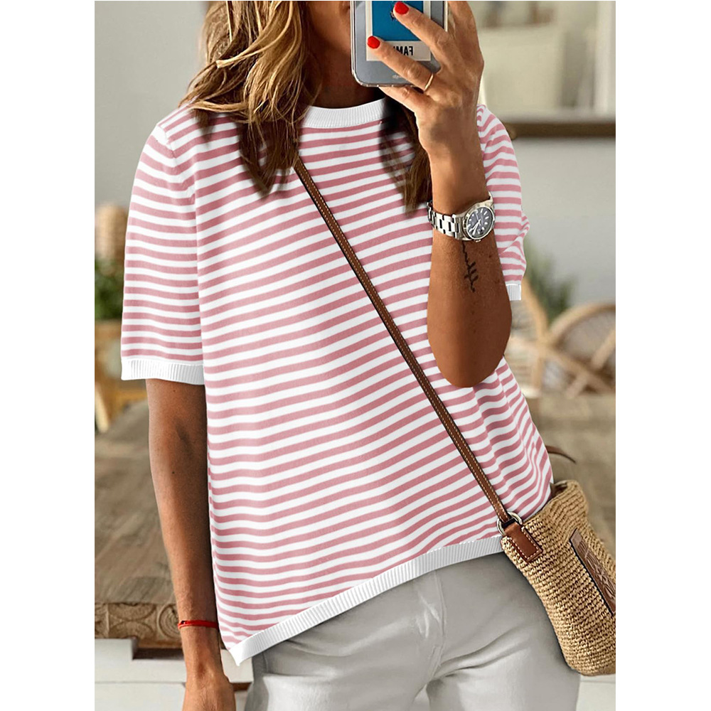 Women's Striped Color-Block Crewneck Short-Sleeve Casual Sweater