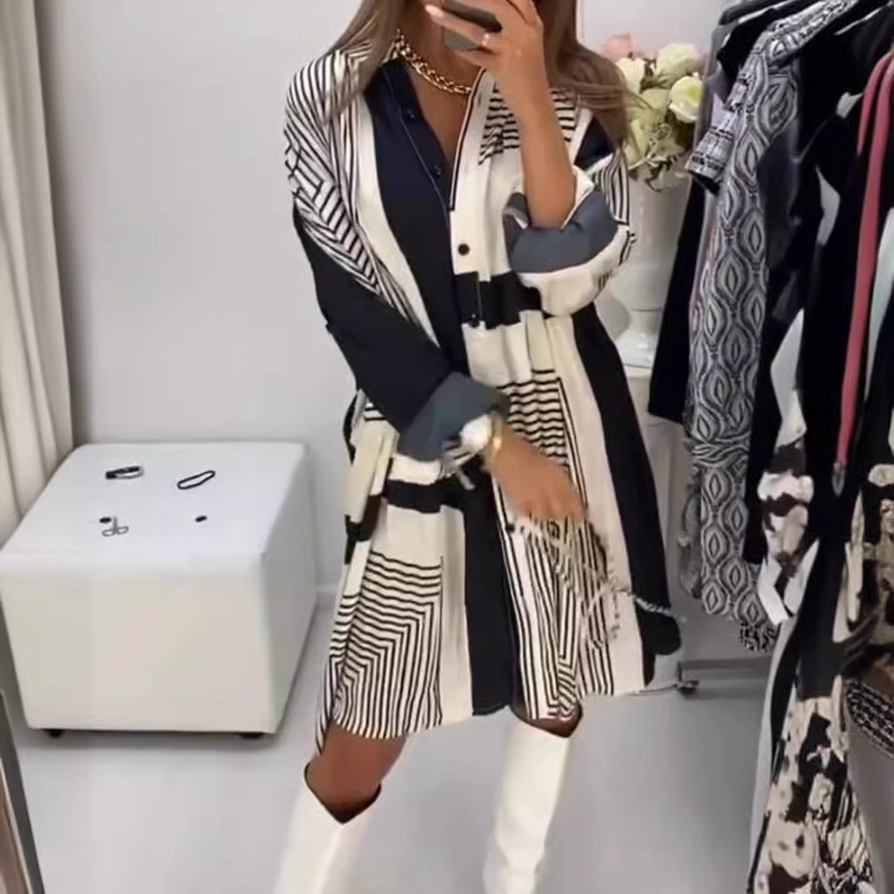 Women's Loose Fit Printed V-Neck Long Sleeve Midi Dress