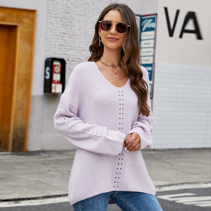 Women's V-Neck Pullover Sweater Loose Long-Sleeve Knit Top