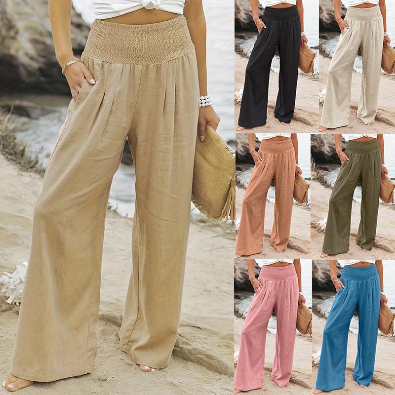 Women's Casual Cotton Distressed Mid-Rise Wide-Leg Pants