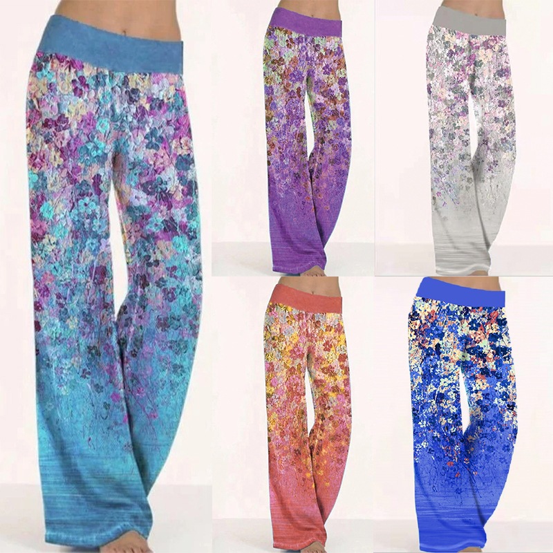 Gradient Floral Print Wide Waistband Wide-Leg Pants Lightweight Drapey Loose Fit