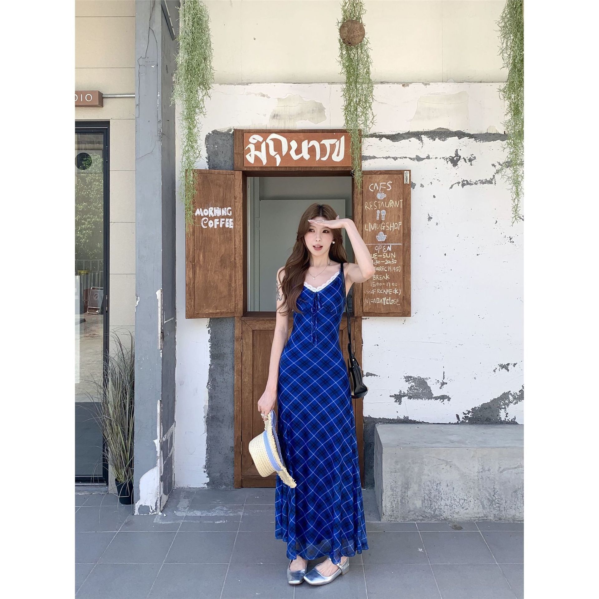 New Chinese Style French Vintage Blue Slip Dress