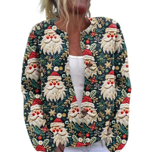 Women's Christmas Cardigan with Cartoon Star Santa Print and Buttons
