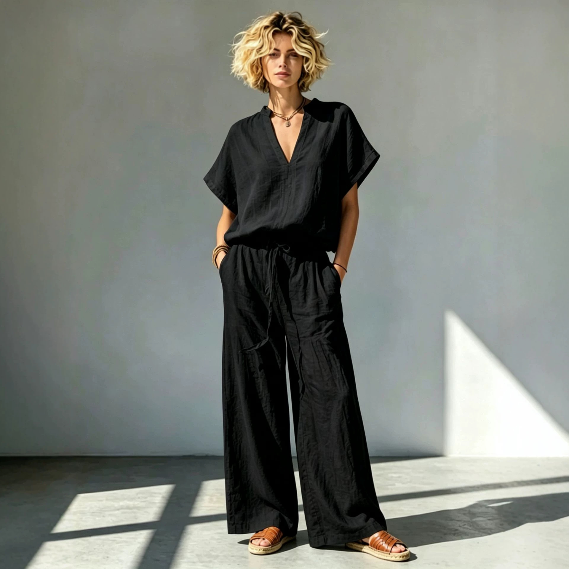 Women's Cotton-Linen V-Neck Short-Sleeve Shirt & Wide-Leg Pants Set