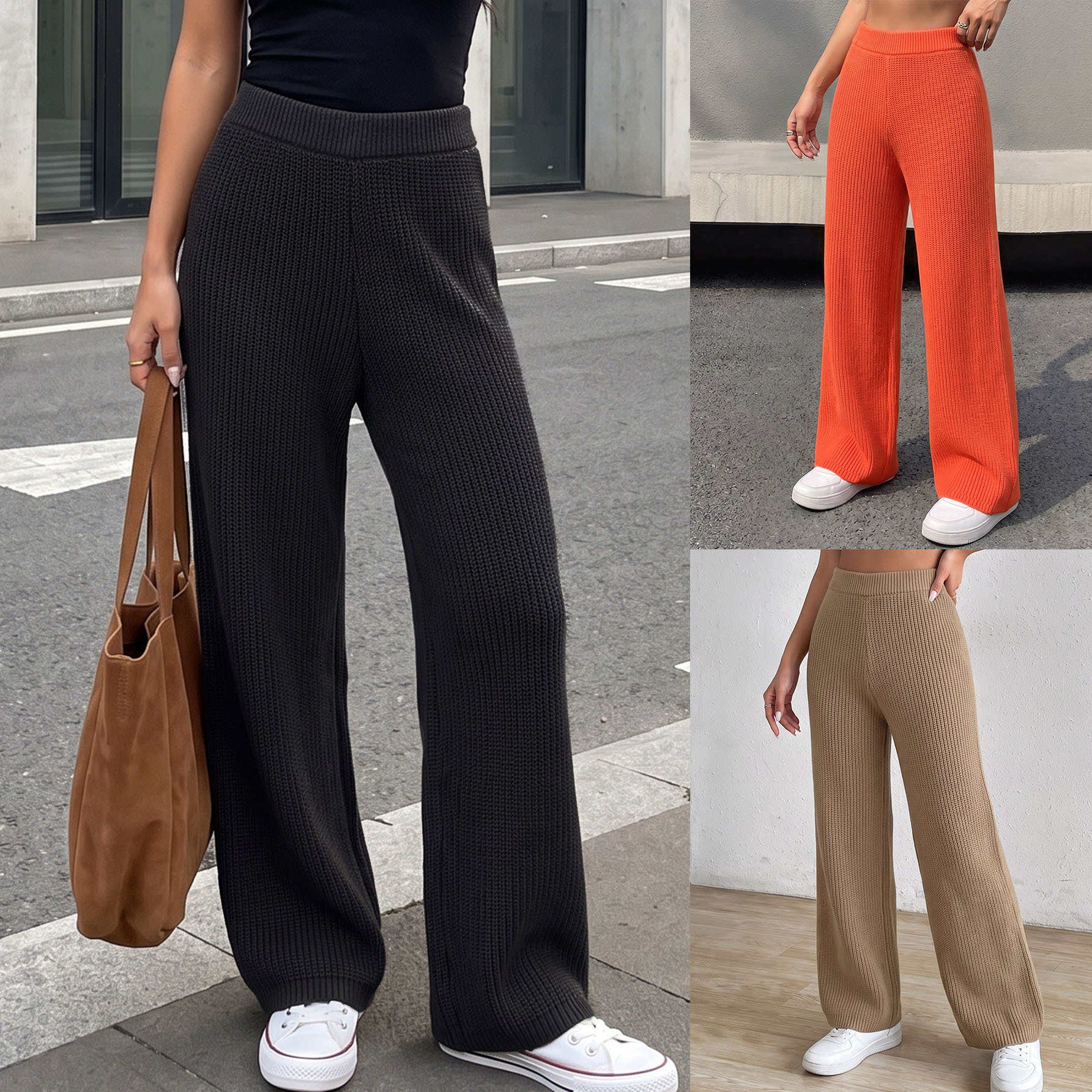 Women's Ribbed Knit Straight-Leg Wide-Leg Pants Mid-High Waist