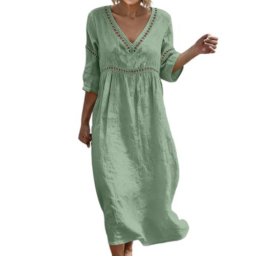 Women's Floral Print Ruched Midi Dress with Deep V-Neck and Five-Quarter Sleeves
