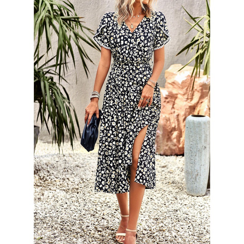 Women's V-Neck Floral Tie Split Midi Dress