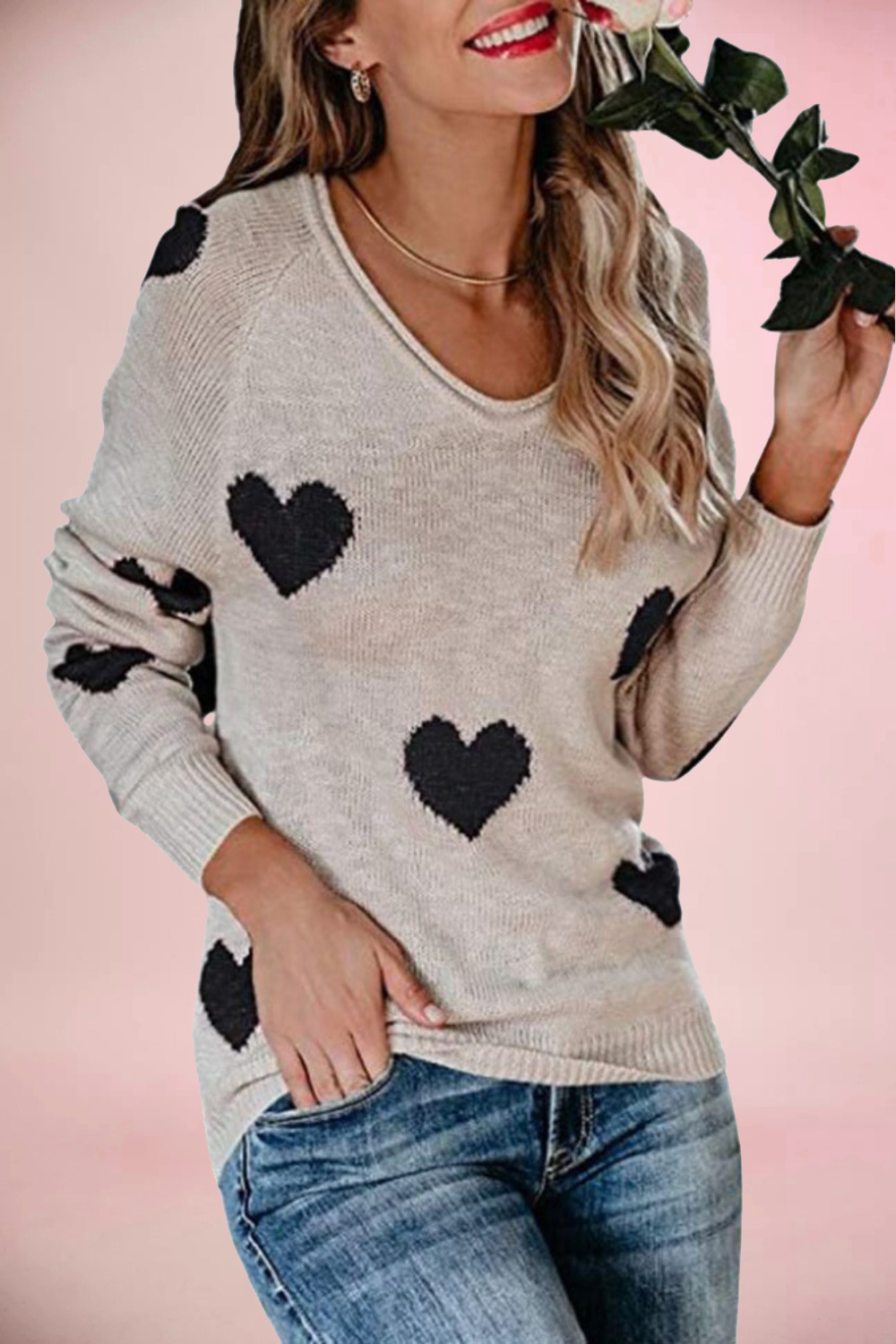 Women's Loose Heart V-Neck Knit Pullover Sweater