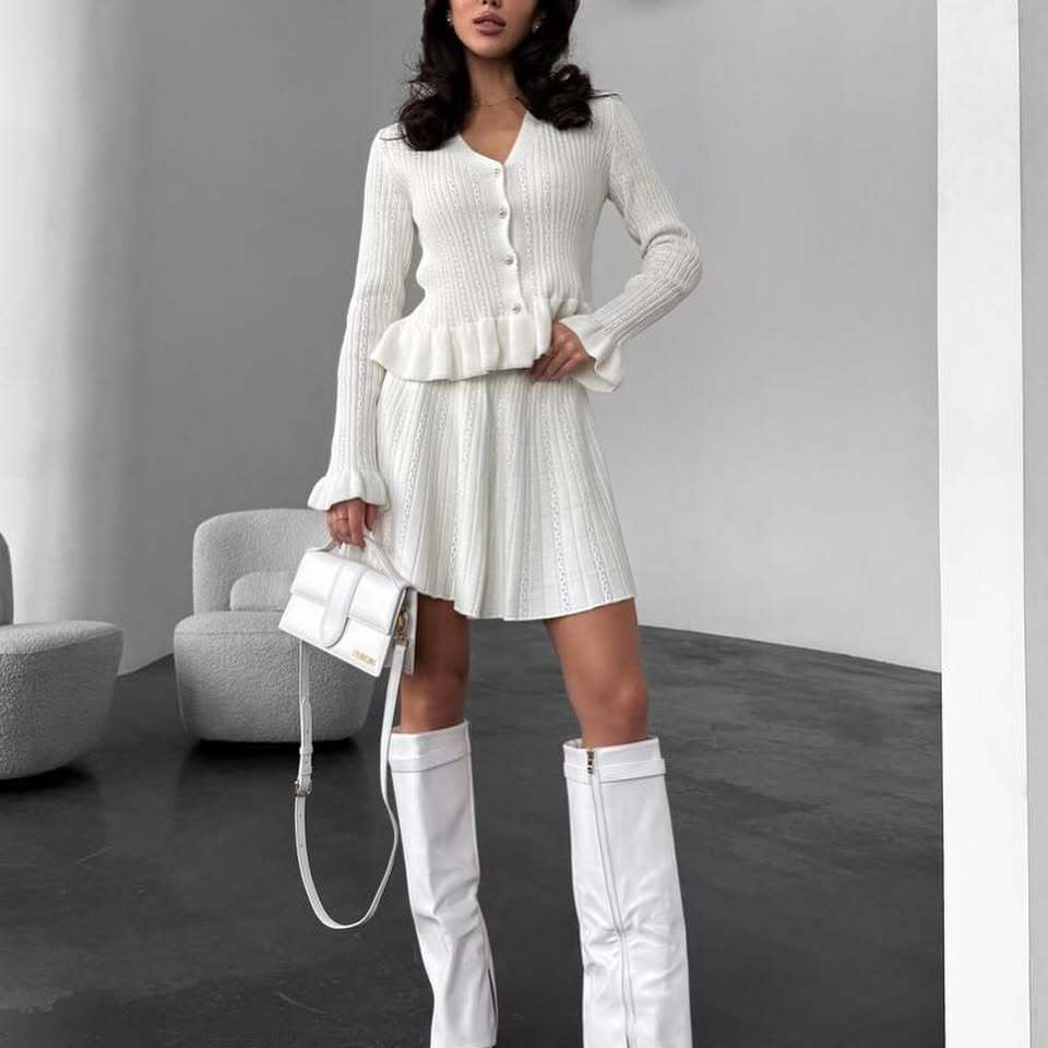 French-Style V-Neck Long-Sleeve Rhinestone-Button Ruffle Knit Two-Piece Skirt Set