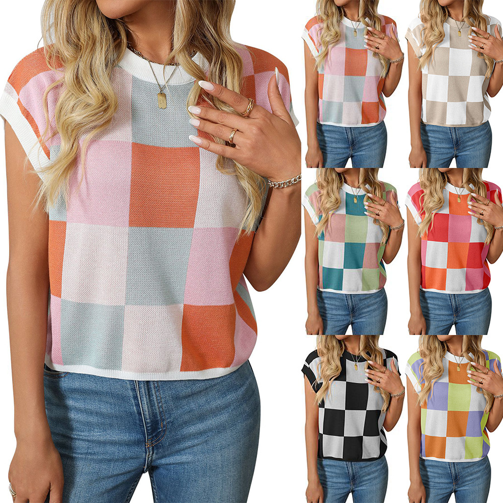 Color Block Checkered Crewneck Knit Crop Top with Cap Sleeves