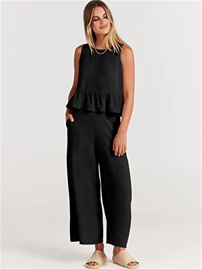 Women's Sleeveless Pleated Tank Top and Wide-Leg Cropped Pants Casual Set