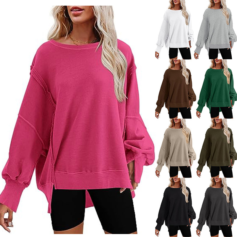 Women's Oversized Crewneck Sweatshirt with Side Slit Long Sleeves
