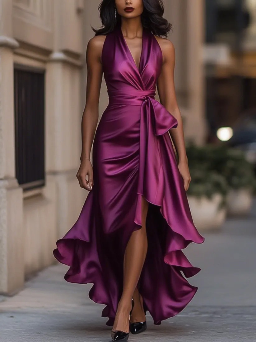 Elegant V-Neck Ruffle Sleeveless Midi Dress