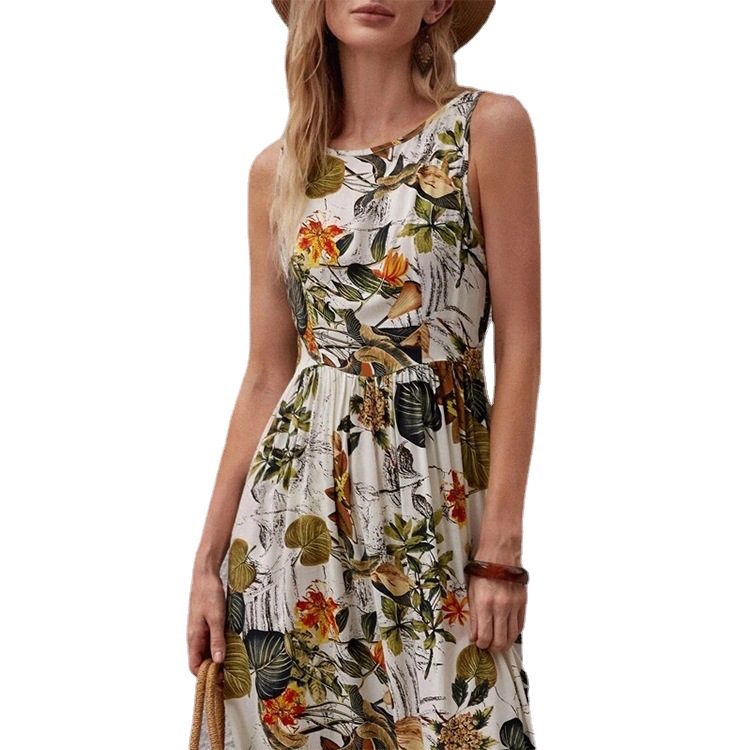 Women's Sleeveless Floral Print A-Line Midi Dress
