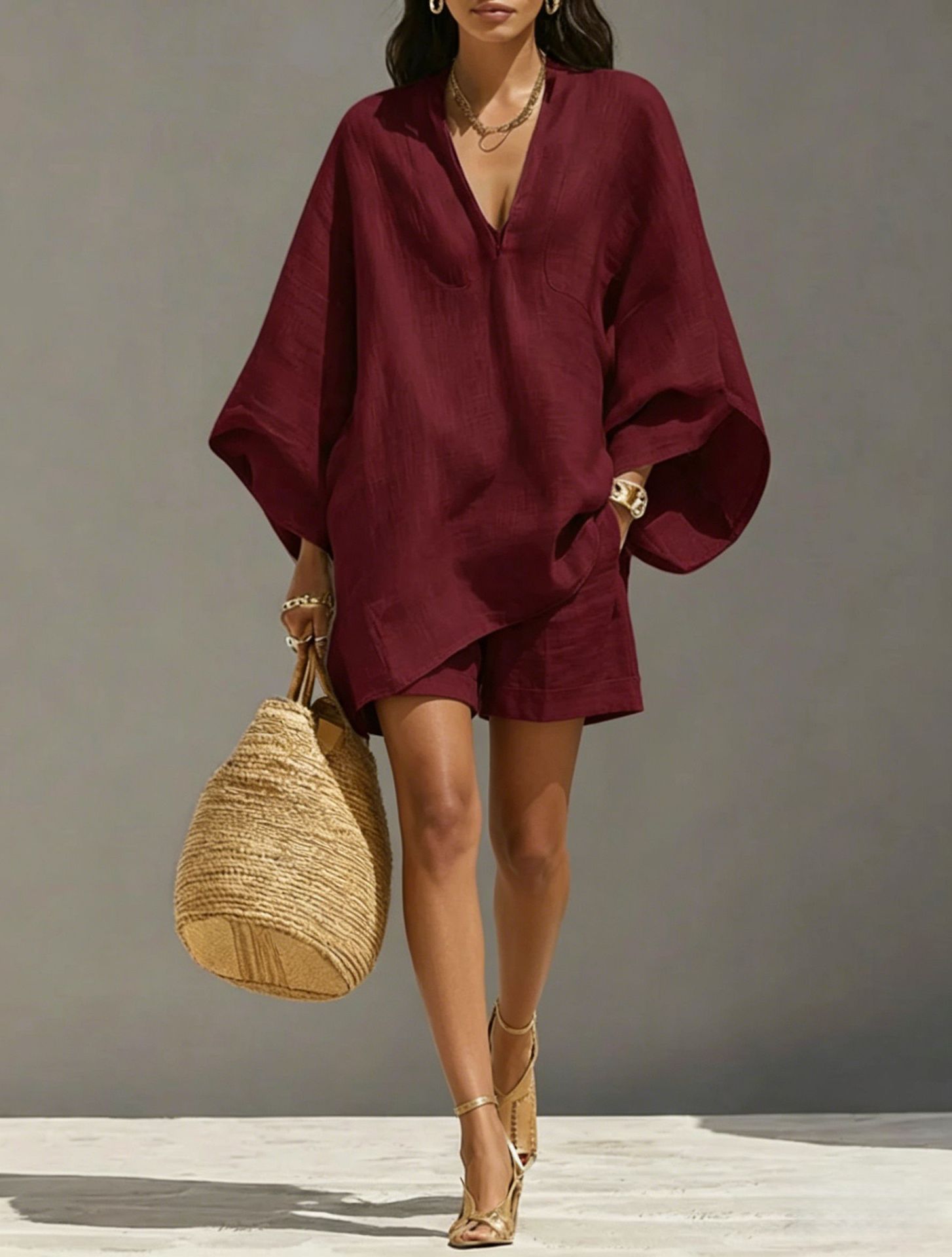 Women's Casual Batwing Sleeve V-Neck Loose Two-Piece Set with Pockets