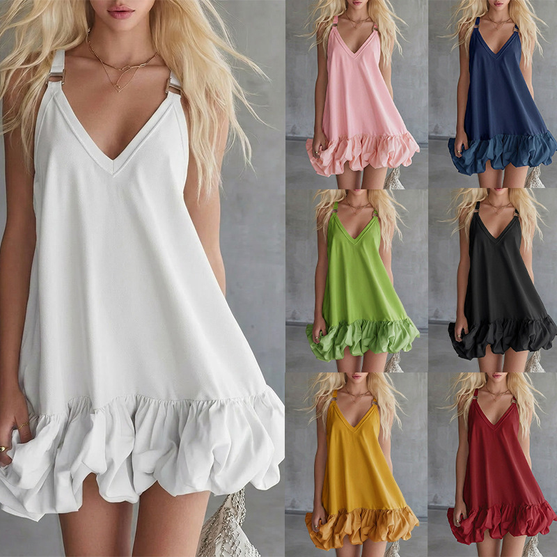 Elegant Solid V-Neck Ruffle Mini Dress