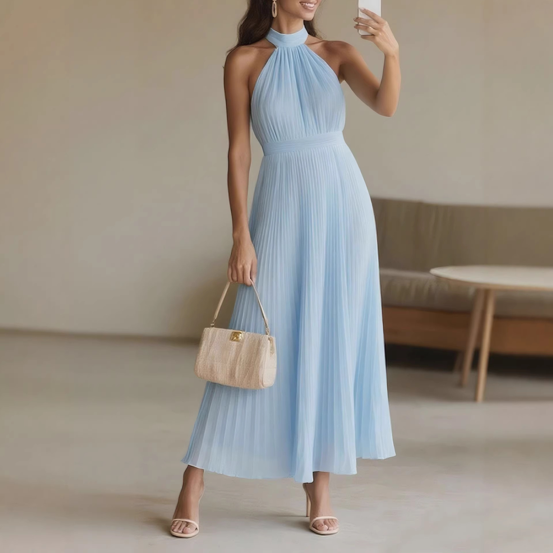 Women's Halter Neck Pleated Midi Dress for Beach Vacation