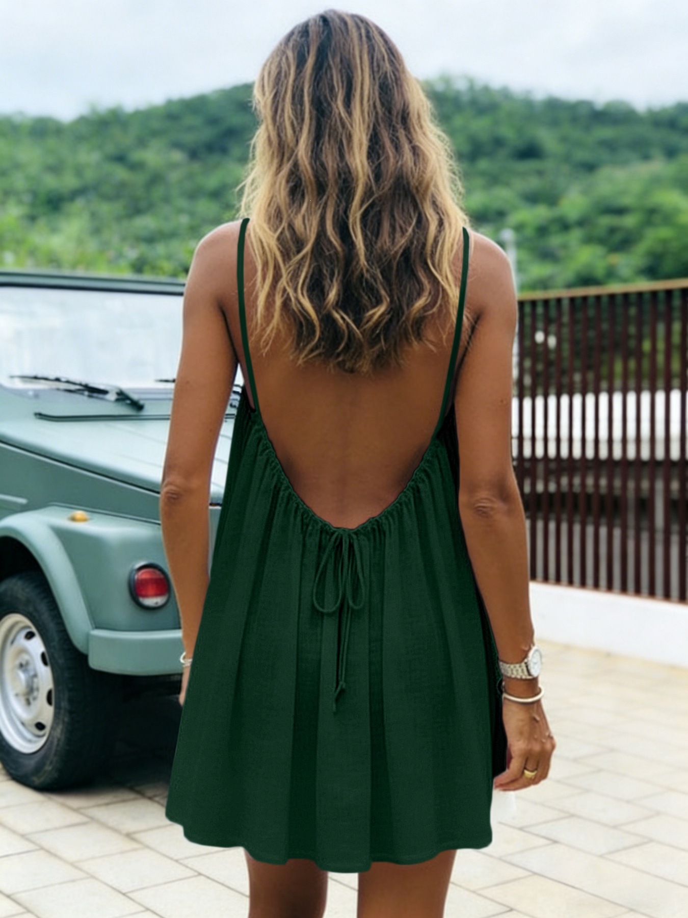 Ice Silk Ruched Open-Back Cami Mini Dress
