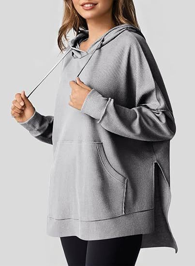 Women's Waffle Knit Hooded Pullover Sweatshirt with Pockets and Side Slits
