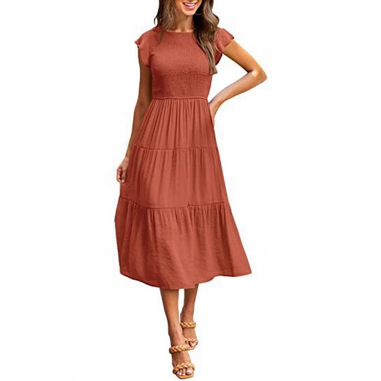 Women's Flutter Sleeve Ruched Tiered Short Sleeve Swing Dress