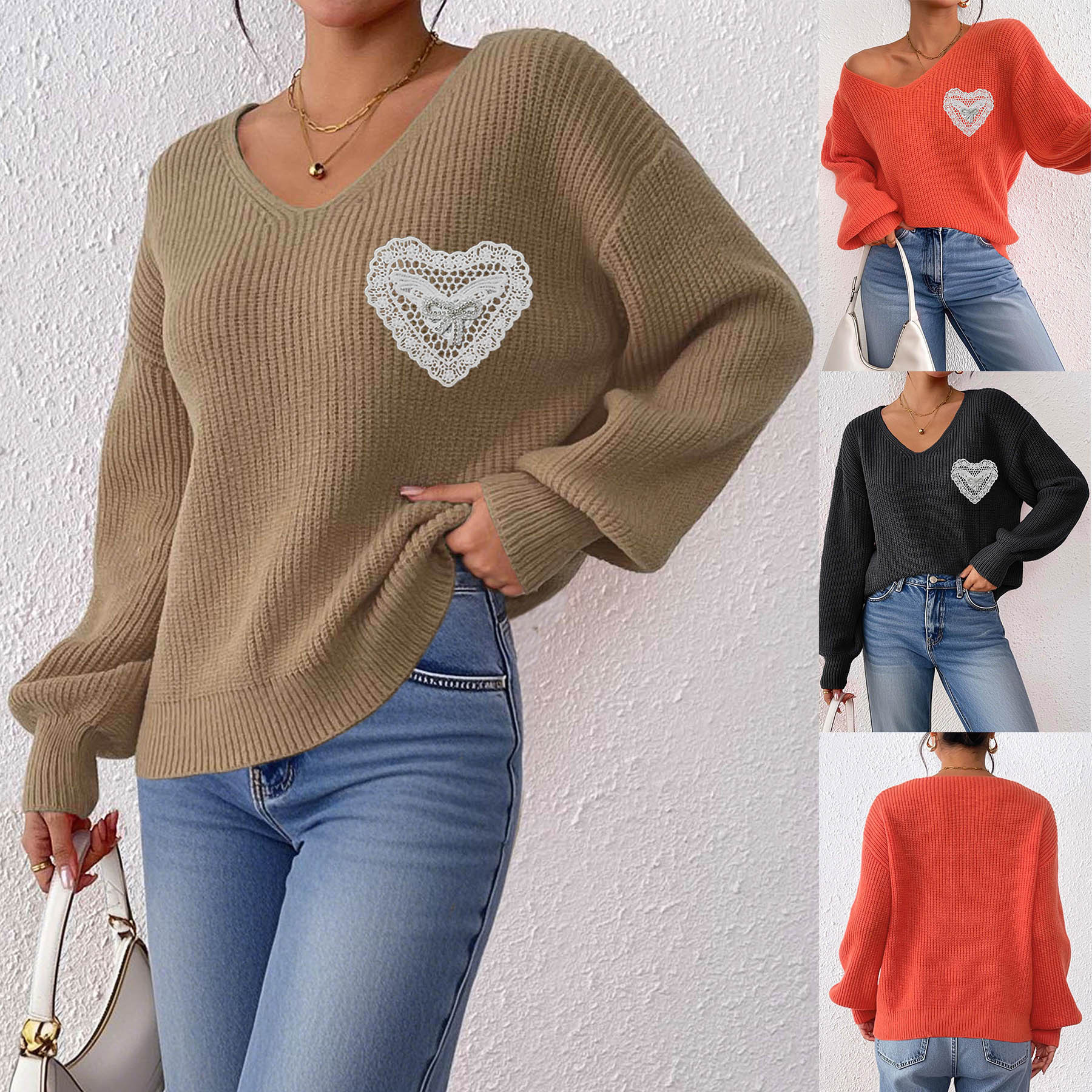 V-Neck Lace Rhinestone Bow Pocket Pullover Sweater