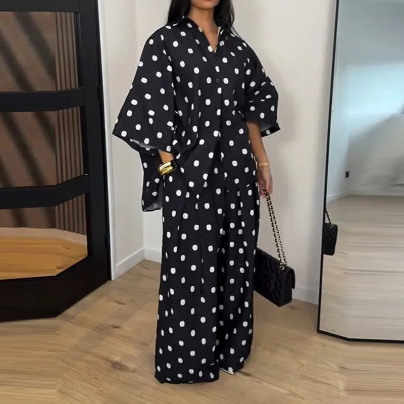Women's Retro Polka Dot Loose Shirt & Wide-Leg Pants Two-Piece Set