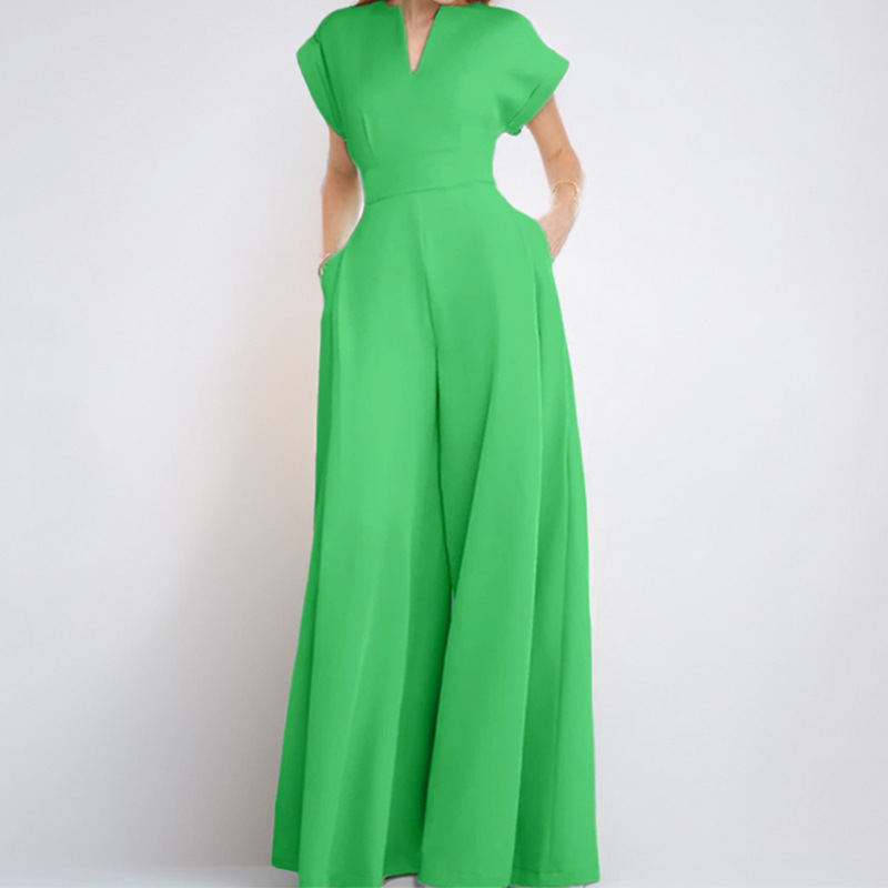 V-Neck Waist-Cinched Wide-Leg Jumpsuit
