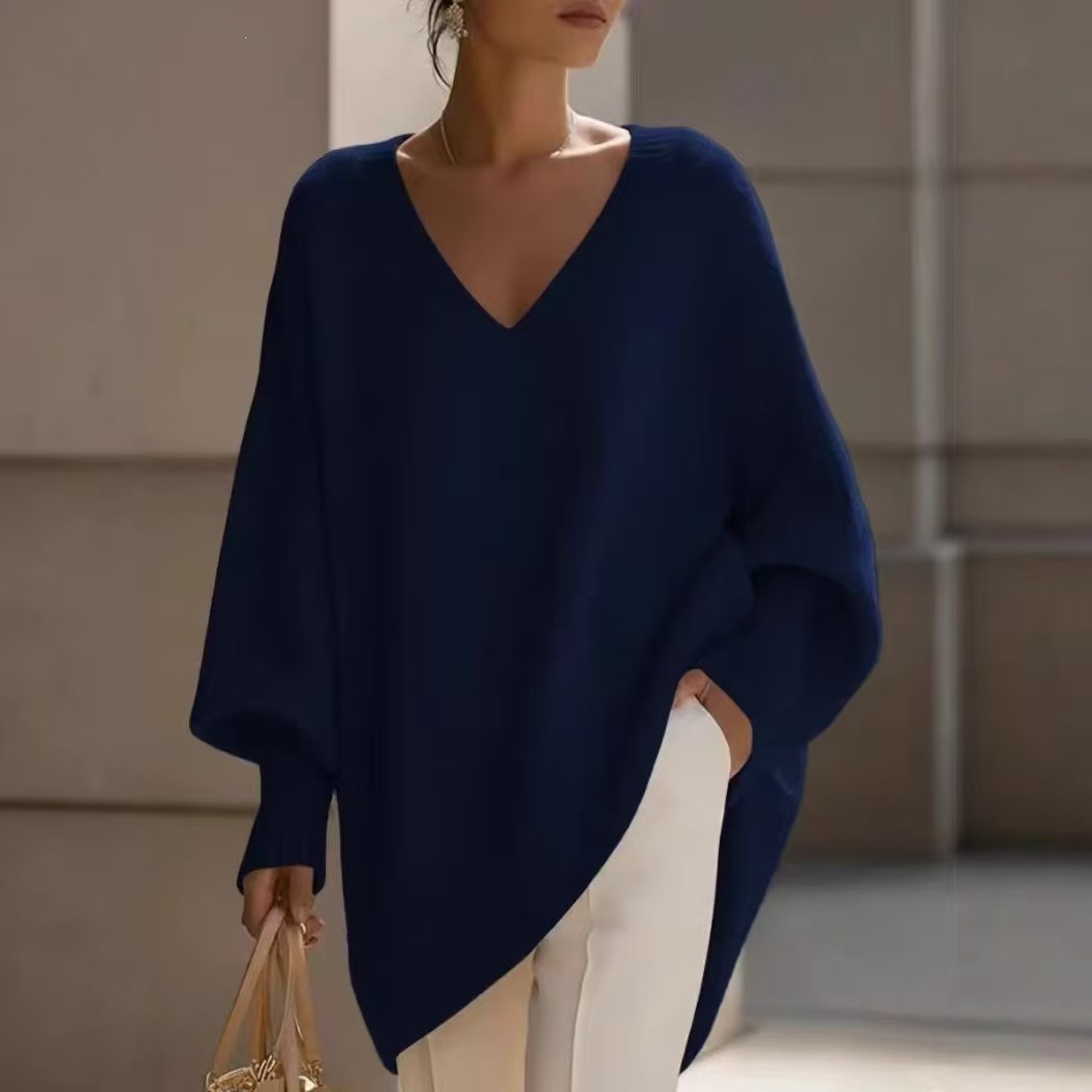 Solid V-Neck Lantern Sleeve Loose Knit Sweater for Women