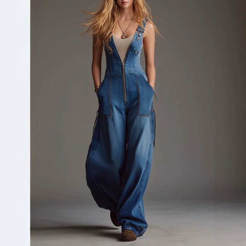 Blue Front Zip Denim Jumpsuit Casual Wide-Leg Sleeveless
