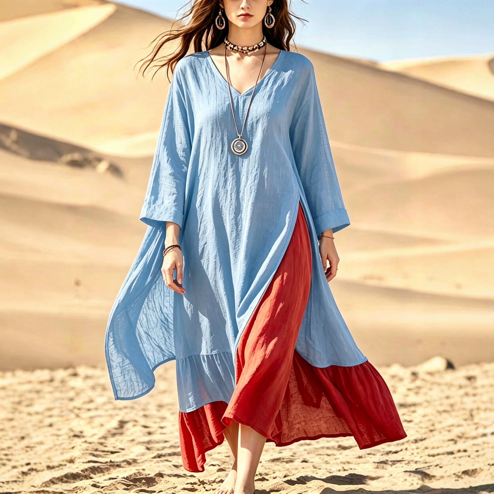 Bohemian Colorblock Patchwork Long Dress V-Neck Slit Beach Maxi