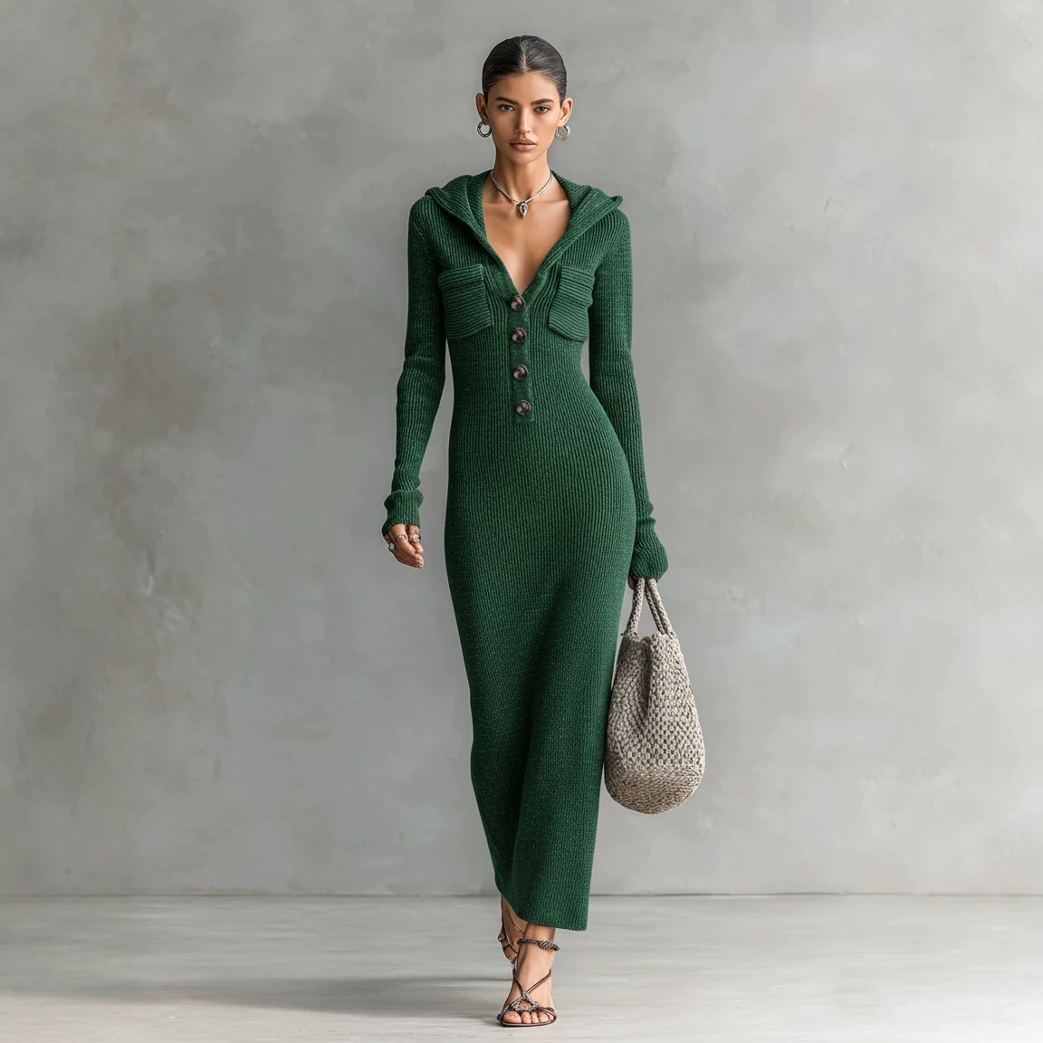 Women's Slimming Half-Open Collar Hooded Knit Sweater Dress