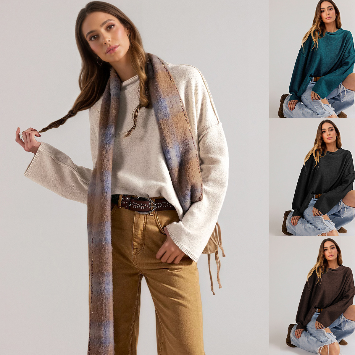 Women's Loose Solid Color Long Sleeve Side Slit Pullover Knit Sweater