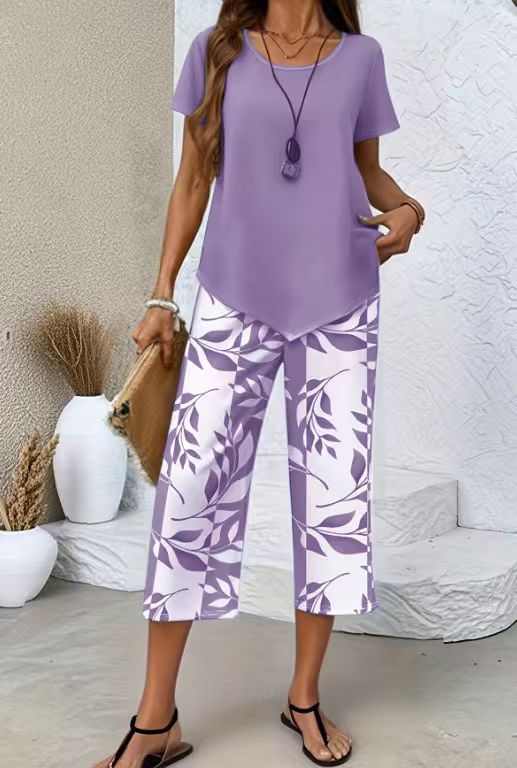 Women's Short Sleeve High Waist Wide Leg Pants Two-Piece Set