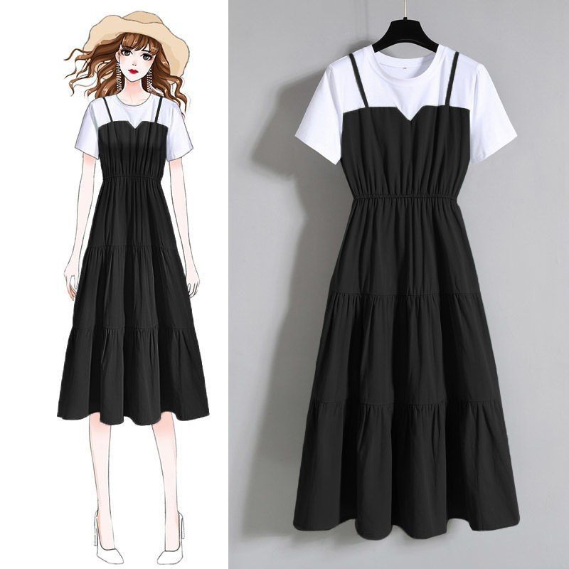 Women's Short Sleeve Faux Two-Piece A-Line Dress with Waist Cinch