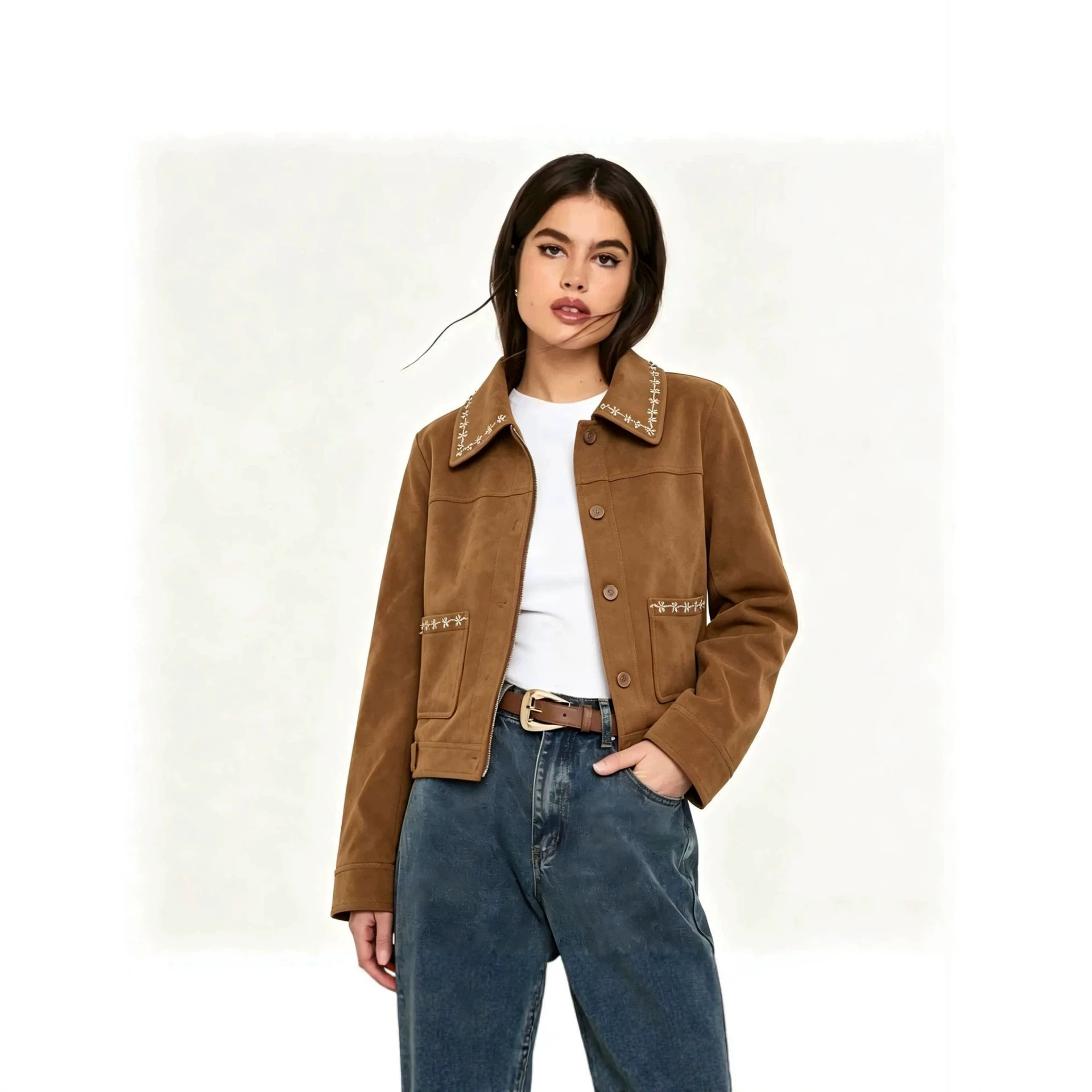 Western Embroidered Faux Suede Cropped Jacket for Women